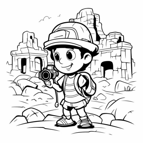 Illustration of a Kid Boy Holding a Camera in front of an Ancien