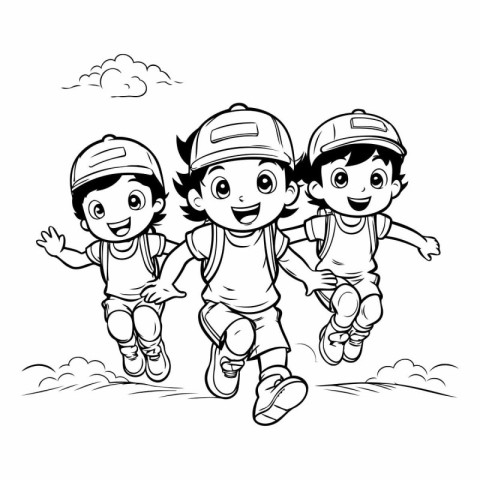 Children running in the park. Black and white vector illustratio