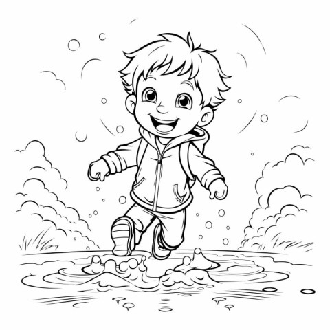 Cute little boy playing in puddle. Black and white vector illust