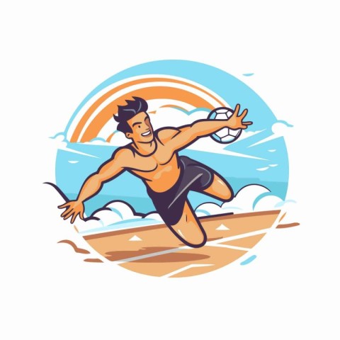 Vector illustration of a man surfer on the beach with a ball