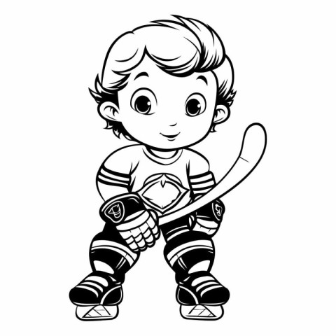 Cute boy playing hockey. Black and white vector illustration for