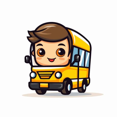 Cute School Boy Driving School Bus Cartoon Character Vector Illu