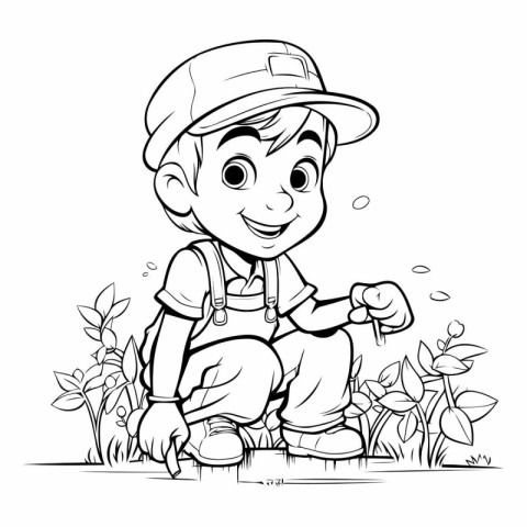 Outline illustration of a little boy with a hat and suspenders