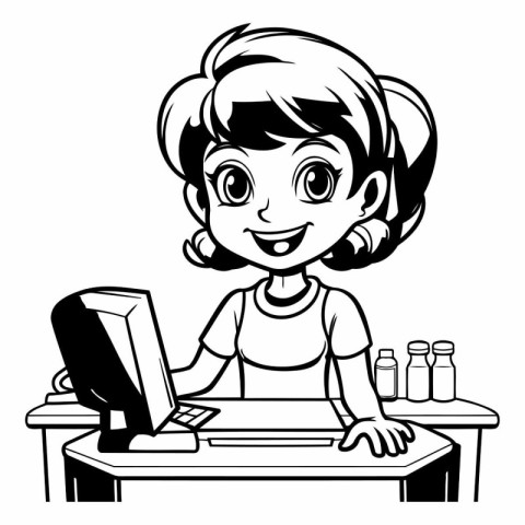 Black and White Cartoon Illustration of Cute Little Girl Using a