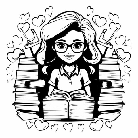 Girl with glasses and books in the form of heart. Vector illustr