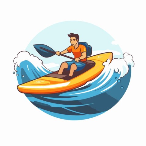 Man in a kayak on a sea wave. Vector illustration.