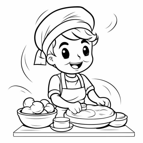 Black and White Cartoon Illustration of Cute Little Boy Cooking