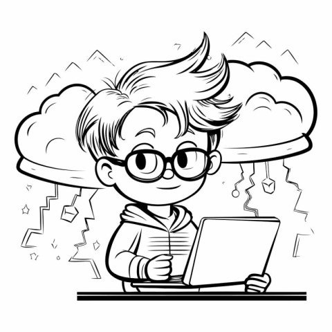 Black and White Cartoon Illustration of Boy Using a Laptop or Co