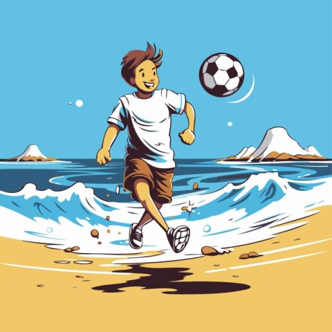 Illustration of a boy playing soccer on the beach. vector illust