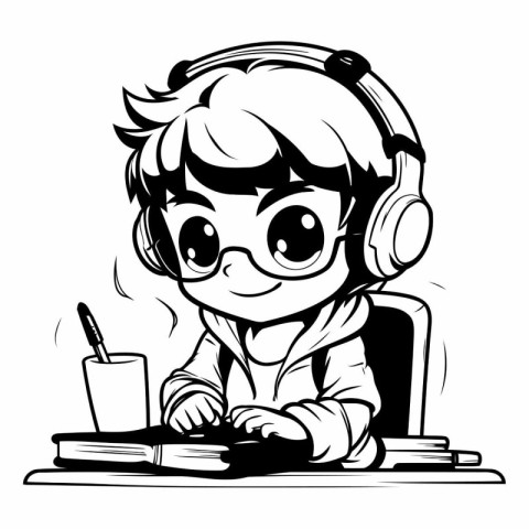 Vector illustration of a boy with headphones writing in a notebo