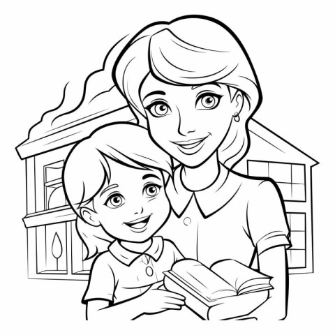 Mother and son reading a book. Vector illustration for coloring