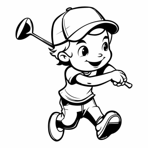 Boy playing golf - Black and White Cartoon Illustration. Vector