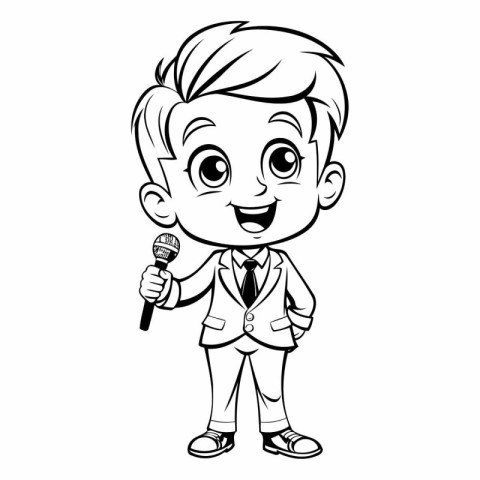 Black and White Cartoon Illustration of Little Boy Singing with