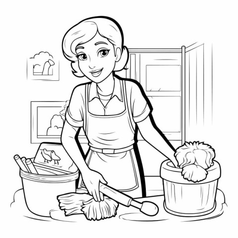 Housewife cleaning the house. Black and white vector illustratio