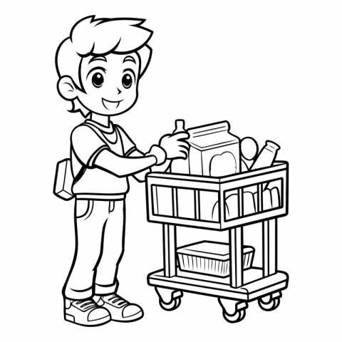 Black and White Cartoon Illustration of Boy with Shopping Cart F