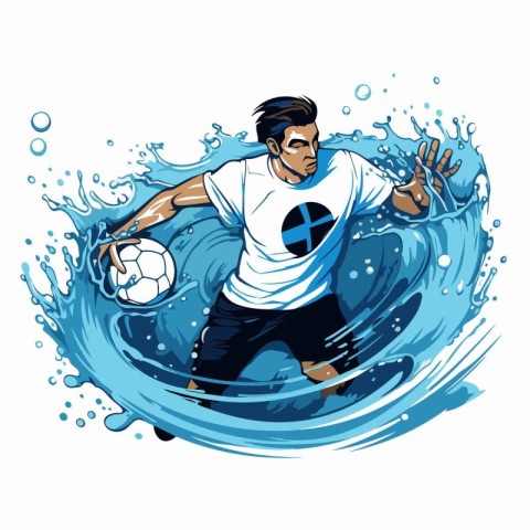 Soccer player with ball and splash of water. Vector illustration