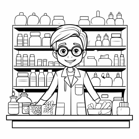 supermarket shelf with supermarket worker cartoon vector illustr