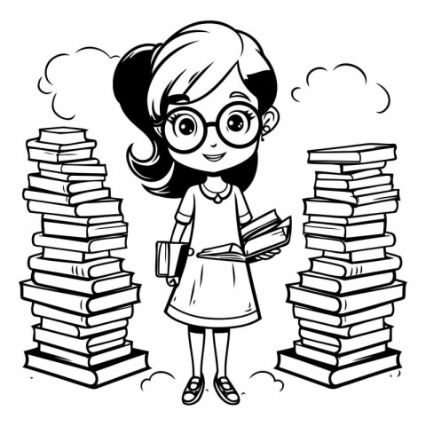 Cute girl with books. Black and white vector illustration for co