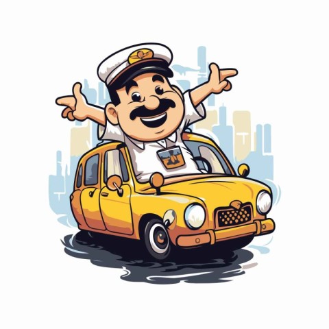 Vector illustration of a cartoon pilot driving a yellow taxi car