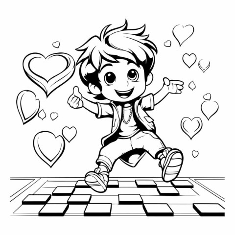 Black and White Cartoon Illustration of Kid Boy Playing Chess wi