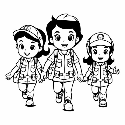 Children in firefighter uniform. black and white cartoon vector