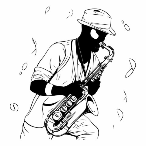 Jazz musician playing the saxophone. Black and white vector illu