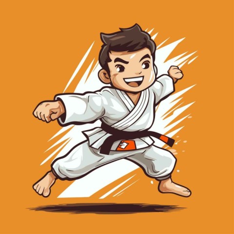 Karate boy in a kimono. Vector cartoon illustration.