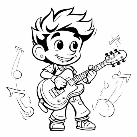 Illustration of a Cute Boy Playing the Electric Guitar - Colorin