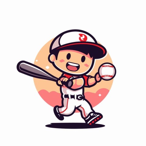 Baseball player cartoon character with ball and bat. Vector illu