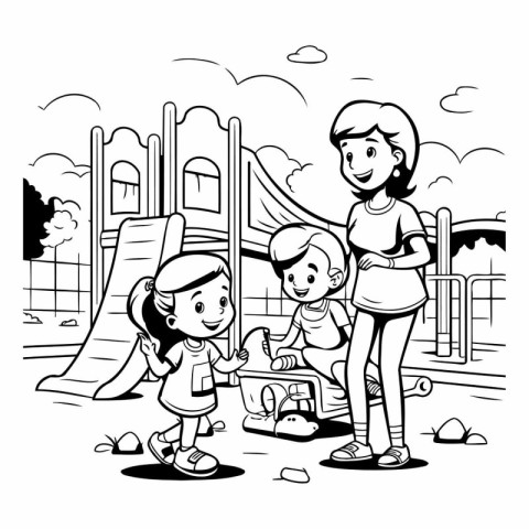 Children playing at the playground. Black and white vector illus