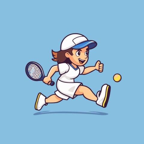 Cartoon illustration of a girl playing tennis on a blue backgrou