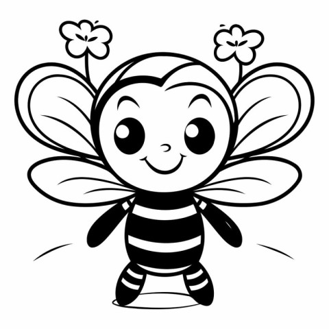 Black and White Cartoon Illustration of Cute Bee Mascot Characte