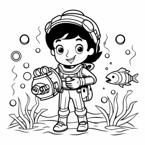 Coloring Page Outline Of Cute Little Boy Wearing Aquarium Gear