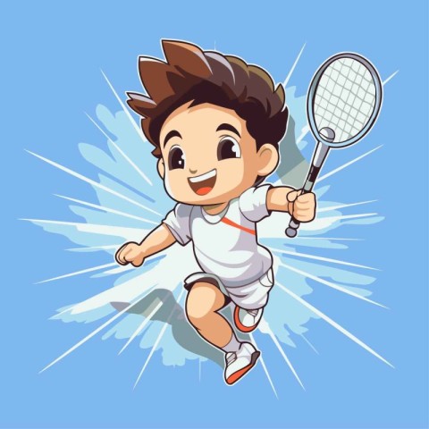 Illustration of a little boy playing badminton on a blue backgro