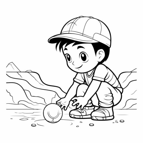 Cute boy playing baseball - black and white vector illustration