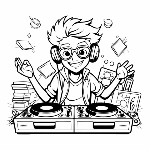 Dj playing music. Black and white vector illustration for colori