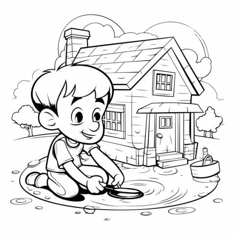 Black and White Cartoon Illustration of Kid Boy Searching for a