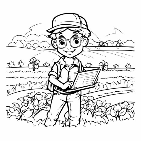 Black and White Cartoon Illustration of Kid Boy with Laptop or N