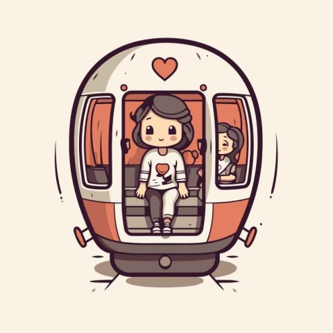 Cute little girl riding a train in cartoon style. Vector illustr