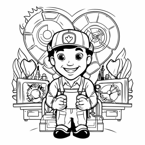 Cartoon boy firefighter holding a gun. Black and white illustrat