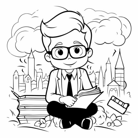 Black and White Cartoon Illustration of Kid Studying or Learning