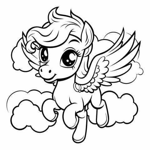 Cute cartoon unicorn with wings. Vector illustration for colorin