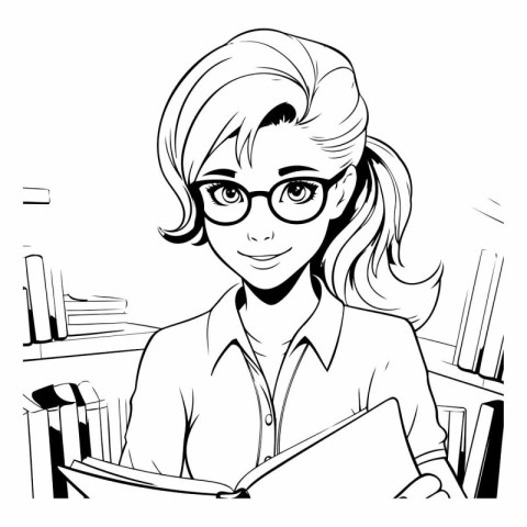 Black and white vector illustration of a woman in glasses readin