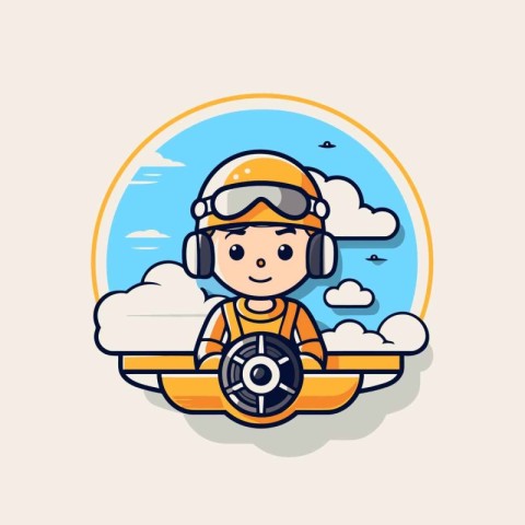 Cute boy driving a boat with helmet and goggles. Vector illustra