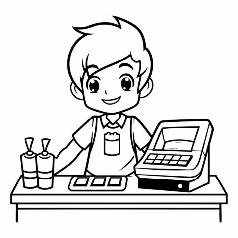 Teenager boy at the cash register - Black and White Cartoon Illu