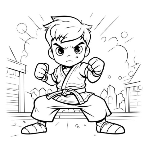 Black and White Cartoon Illustration of Karate Boy or Kid Martia