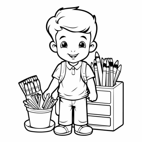 Cute Little Boy with Pencils in Box Coloring Page