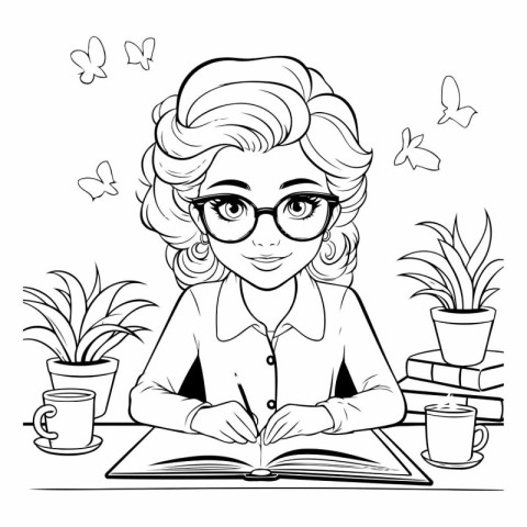 Business woman sitting at a table and reading a book. Black and