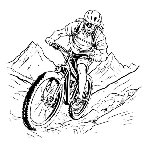 Mountain biker riding on a steep slope. sketch vector illustrati