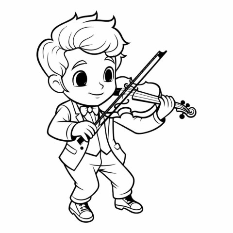 Boy Playing Violin - Black and White Cartoon Illustration. Vecto